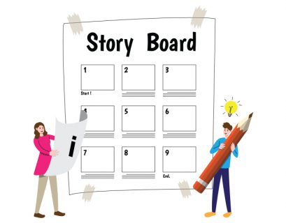 Image illustrating a storyboard on a digital tablet with the title 'Storyboarding – You Gotta LUV it!' and key elements for effective storyboarding.