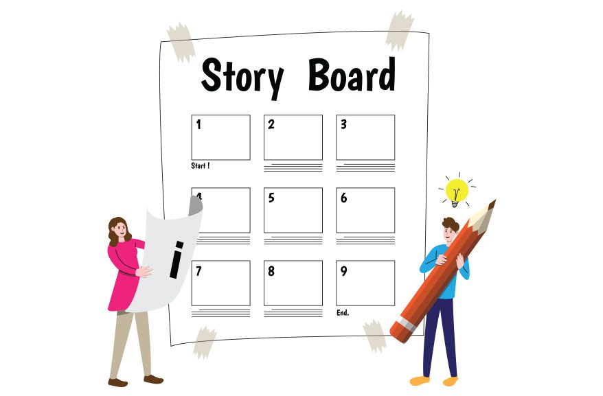 Image illustrating a storyboard on a digital tablet with the title 'Storyboarding – You Gotta LUV it!' and key elements for effective storyboarding.