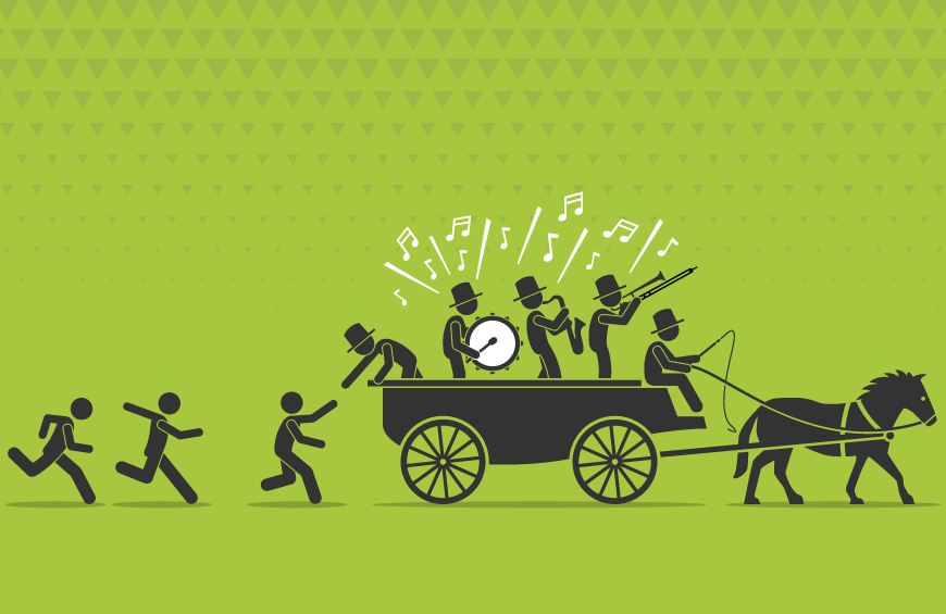 Illustration of a bandwagon with people jumping on board, symbolizing the growing interest and adoption of learning science in education and organizational practices.