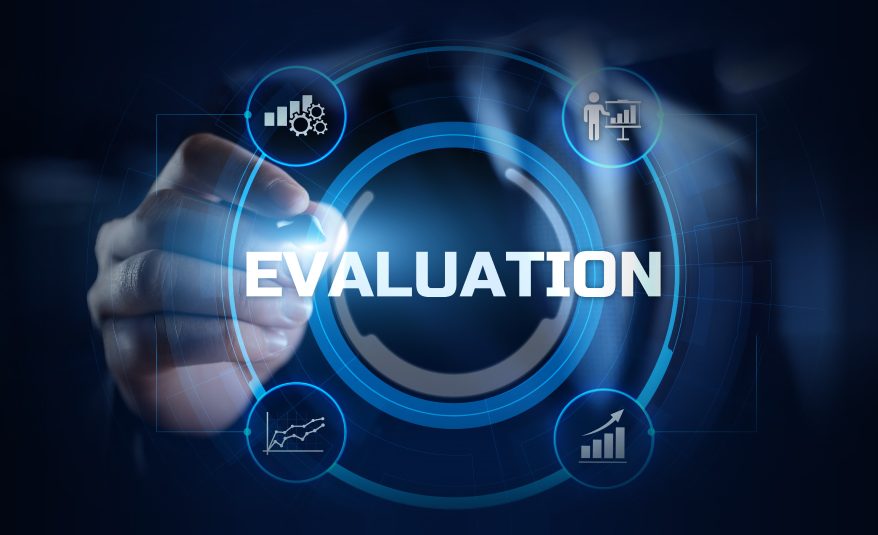 Diagram illustrating the stages and types of data used in performance-focused evaluation for learning interventions.