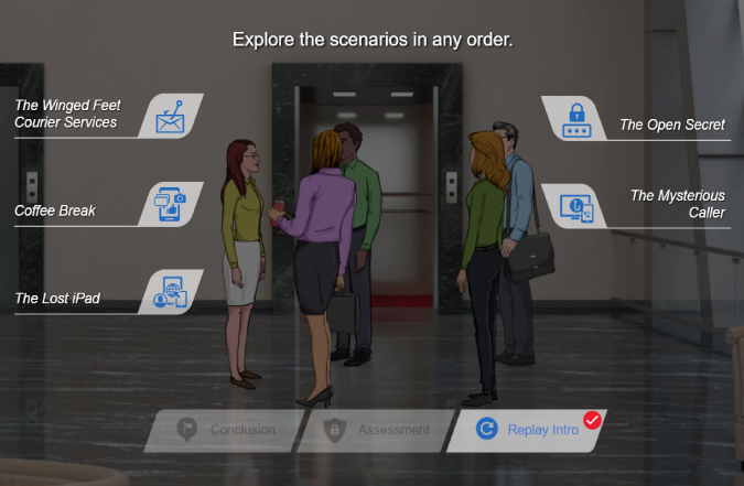 Interactive Video Learning: Screenshot of an interactive video-based eLearning module for cybersecurity training, showcasing engaging office scenarios.